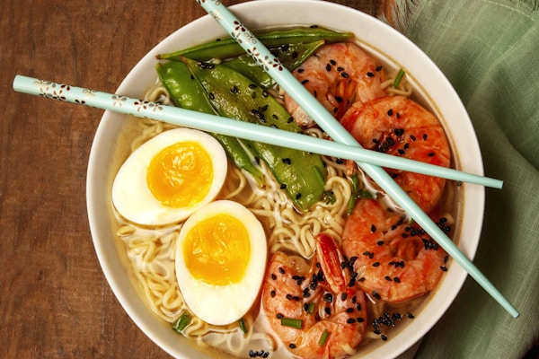 Miso ramen with soft-boiled egg, nori, and green onions